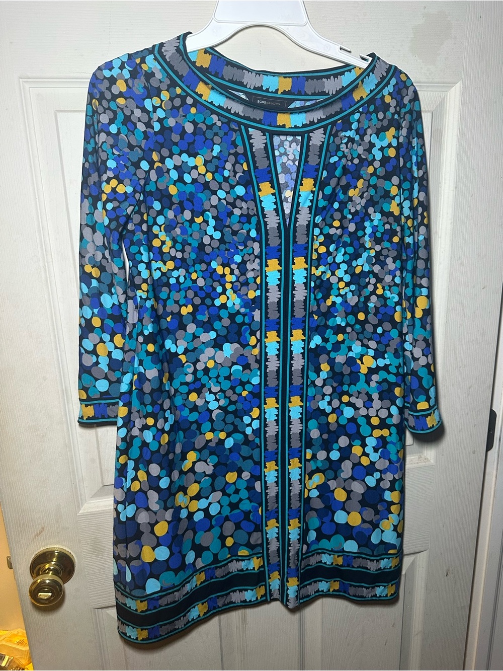 BCBGMaxAzria Blue Teal and Gray Abstract Dot Print Top